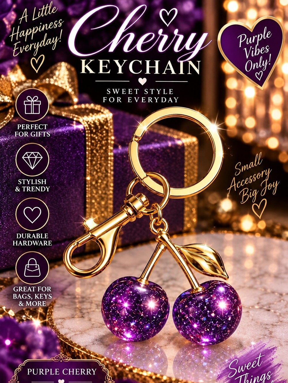 Purple Cherry Keychain with Gold Hardware!!